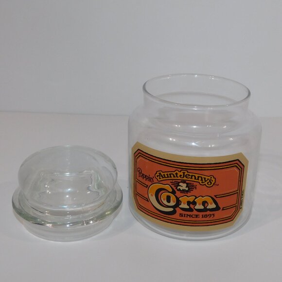 VTG 1980 T.K.C. Aunt Jenny's Poppin Corn 6" Glass popcorn  Storage Jar Canister - Picture 3 of 5